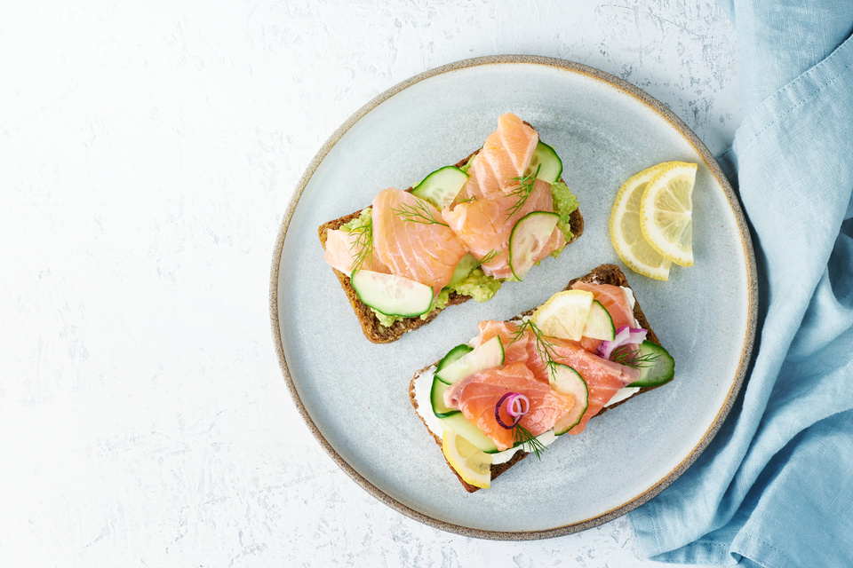 Savory Fish Smorrebrod, Set of Five Traditional Danish Sandwiches. Black Rye Bread